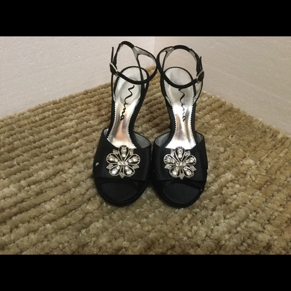 Nina Black Satin Peep Toe With Rhinestone  Hardware Dressy Heels - Picture 4 of 6